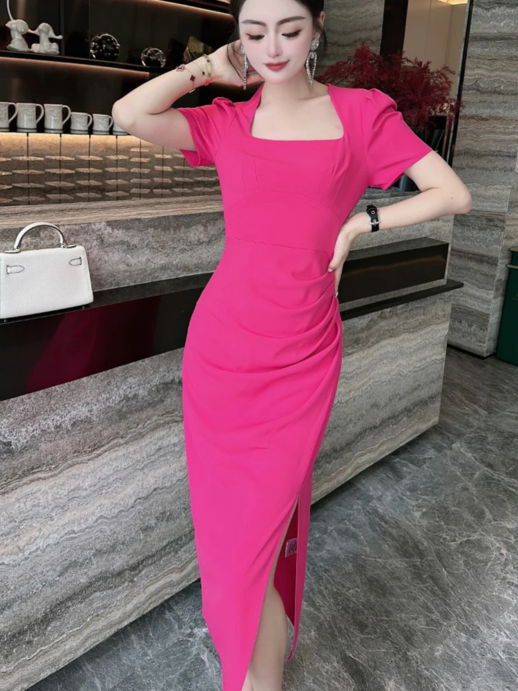 

Fashionable Women Pure Colour Runway Dresses Square Collar Split Elegant High Street Sliming Midi Vestidos