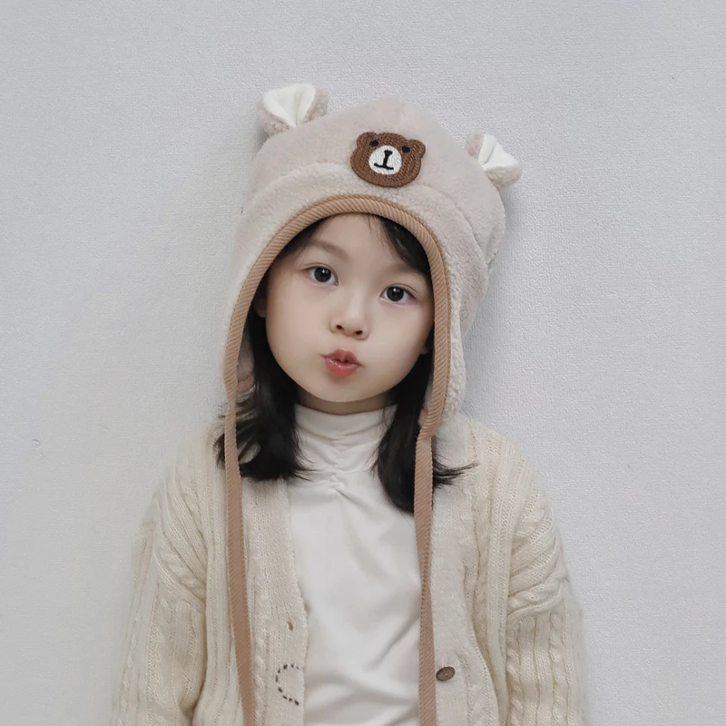 Autumn Winter Thicken Baby Ear Protection Hats Cartoon Bear Pattern Kids Boys Girls Artificial Lambwool Soft Warm Children Caps