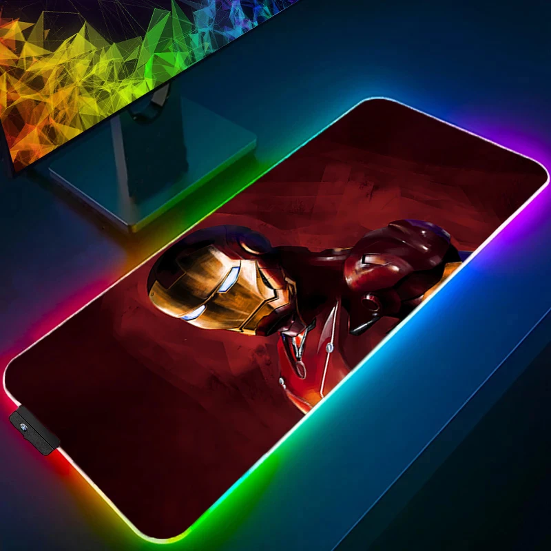 Podkładka pod mysz RGB Iron Man Edge White XXL z obszyciem, podświetlana, akcesoria gamingowe, podkładka pod mysz LED dla graczy komputerowych, mata na biurko.