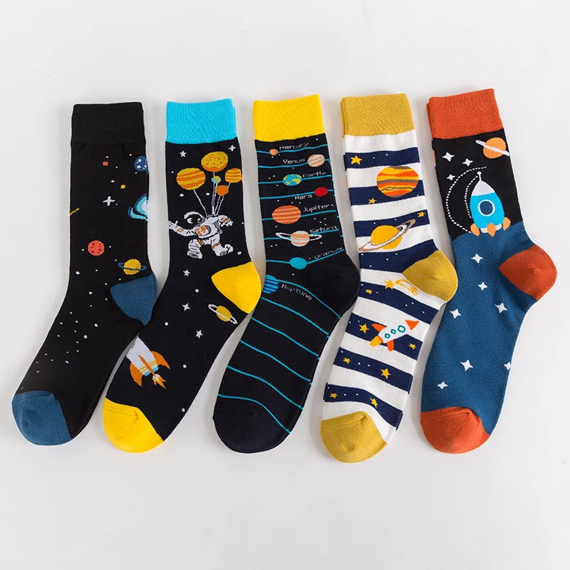 5 Pairs Men's Combed Cotton Socks Fashion Novelty Skateboard Crew Casual Funny Universe Design High Quality