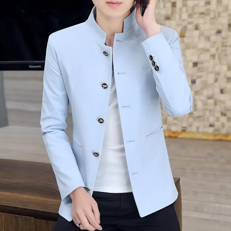 2024 men\'s Spring New Stand Collar Business Casual blazer Youth Chinese Style Multi-Button Embroidered   blazer