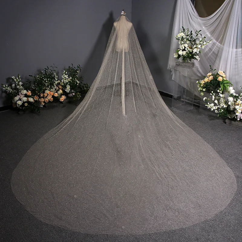 Modieuze Shiny Bruiloft Lange Sluier Nieuwe Trouwjurk 3.8 M Kant Wit Goud Spray Koreaanse Stijl Exquisite Bridal Hoofdtooi