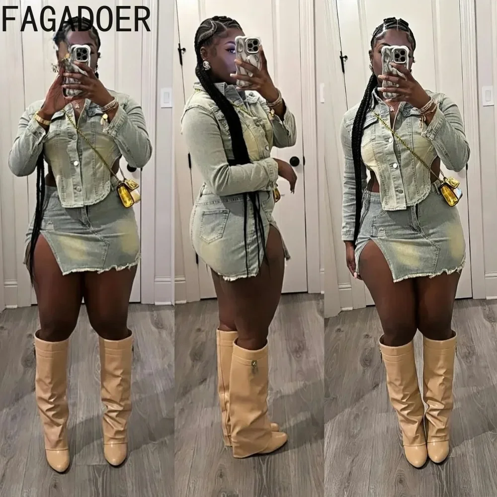 FAGADOER Tie Dye Sexy Denim 2 Piece Sets Outfits Women Lapel Buttons Hollow Crop Top And Mini Skirts Suits Hot Girl Streetwear