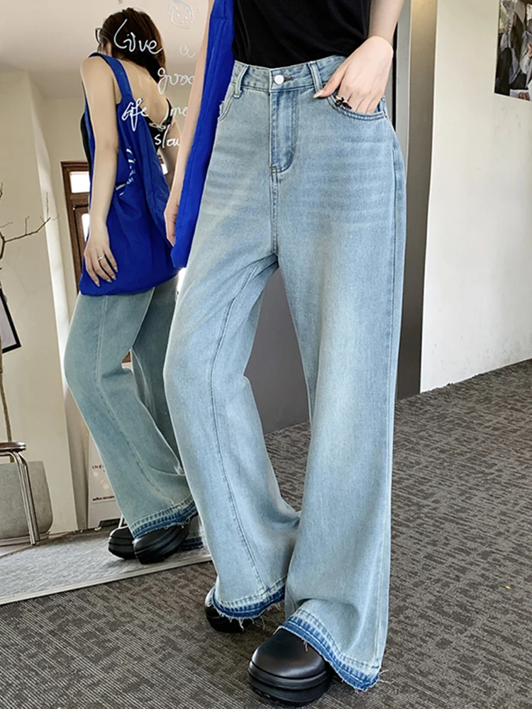 Fashionable fringed wide leg jeans women's slim fit and high waist trendy all season hanging straight leg jeans