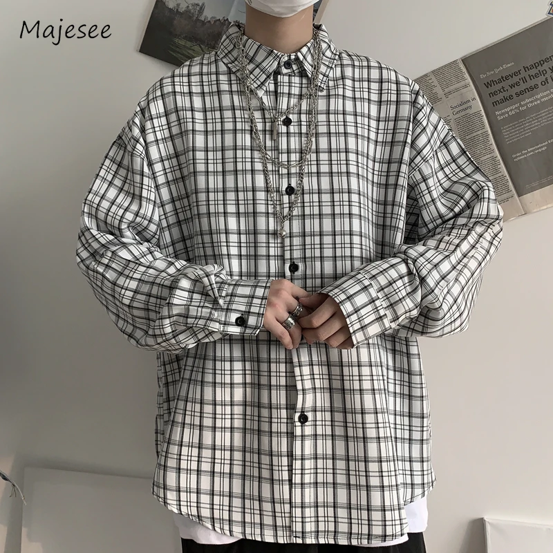 

Mens Shirts Streetwear Fashion Loose Youthful Japanese Style Plaid Panelled Long Sleeve Popular Spring Autumn Teenagers Handsome