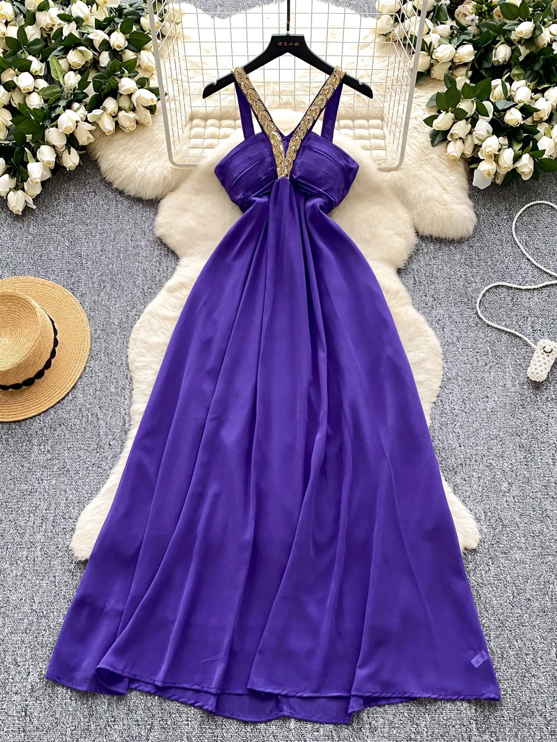 Estate Viola Dr Donna Lusso Perline Ricamate Paillettes ter Ne Strapl Vita Cinched Bal Abito Coreano Sle