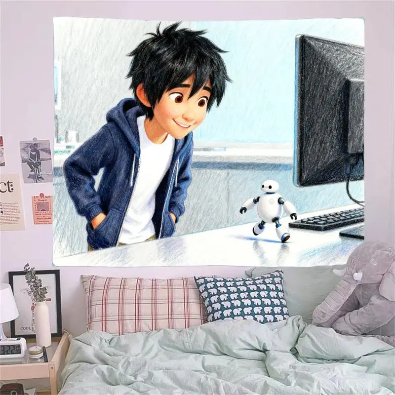 1 tapiz de Anime Big Hero 6 Hiro Hamada Baymax, decoración artística de pared de poliéster moderna para habitación de niños, dormitorio, regalo de seguidor de película