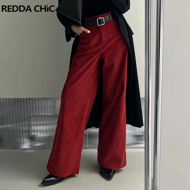 ReddaChic Women's Corduroy Wide Pants New Year Party Vintage Red Plain Clean Fit High Waist Trousers Work Casual Everyday Wear