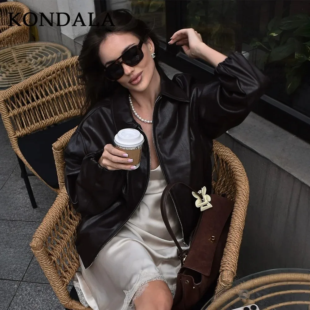 

KONDALA 2025 осень-зима винтажные женские куртки из искусственной кожи модная уличная одежда на Хэллоуин и Рождество женские вечерние пальто на молнии