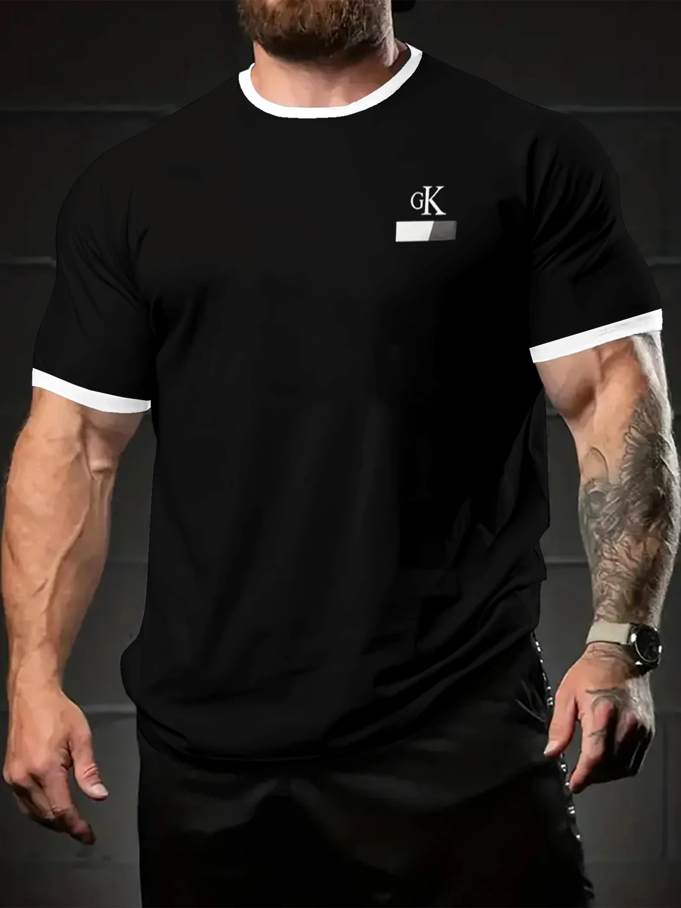 Casual Men Basic Ringer Tee Minimal Chest Letter Decor Short Sleeve Top
