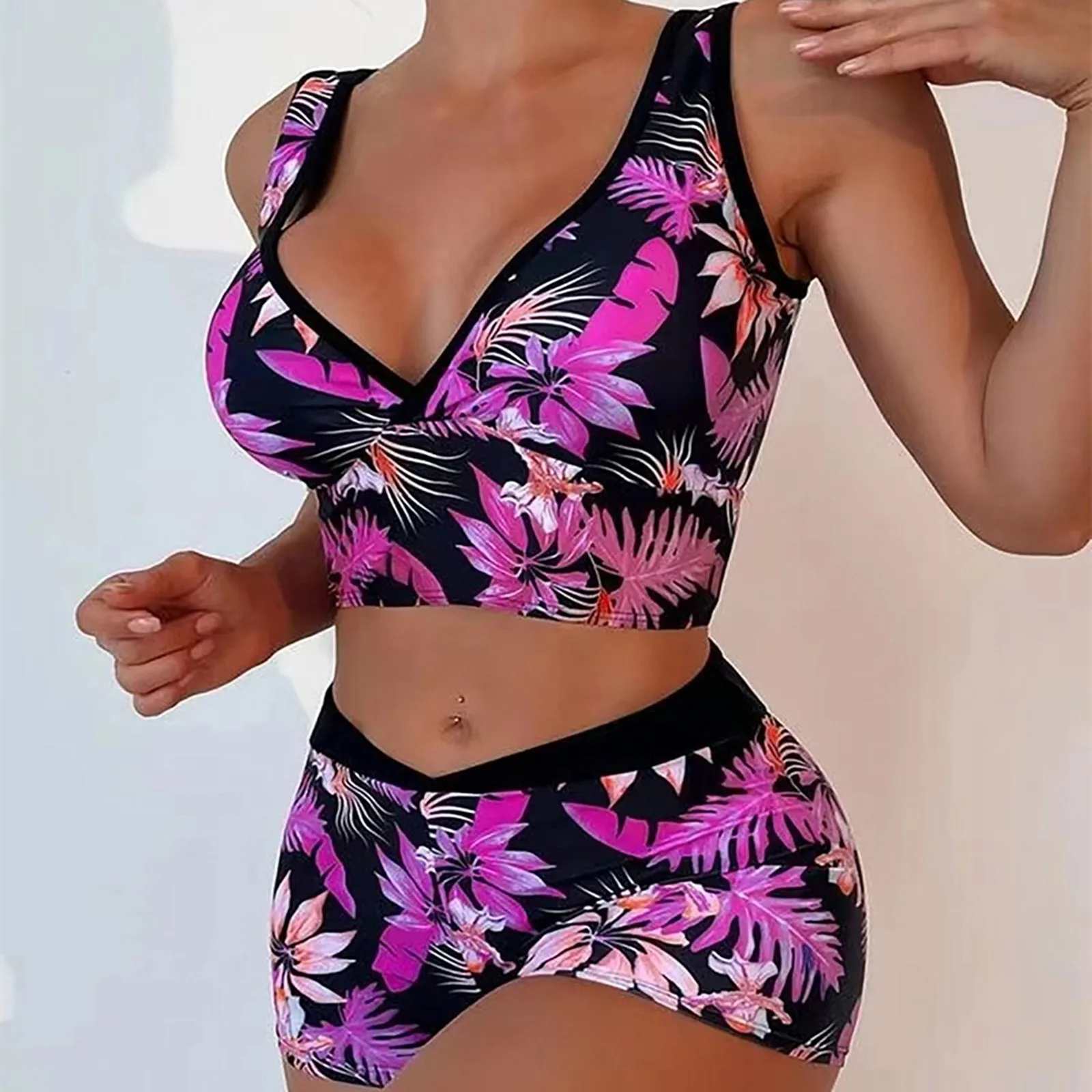 Women's Solid Color Tank Top Swimsuit Ladies Split High Waist Swimsuit Two-piece Set Printing High-breasted Straps Bikini Set