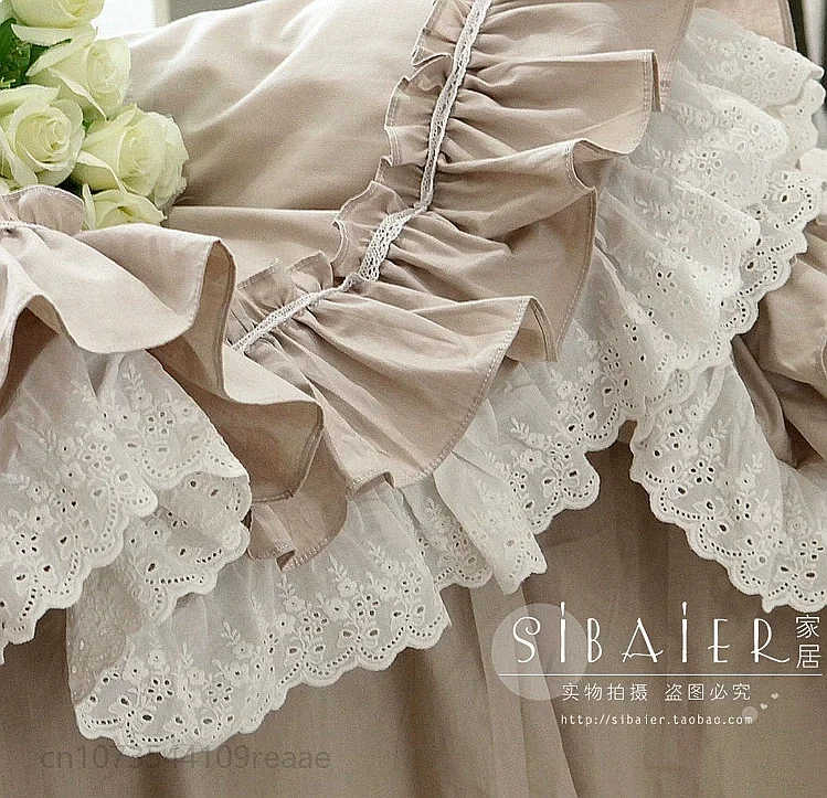 Korean Style Elena Solid Cotton Ruffled Lace Bed Skirt Duvet Cover Bedding Set 4-Piece