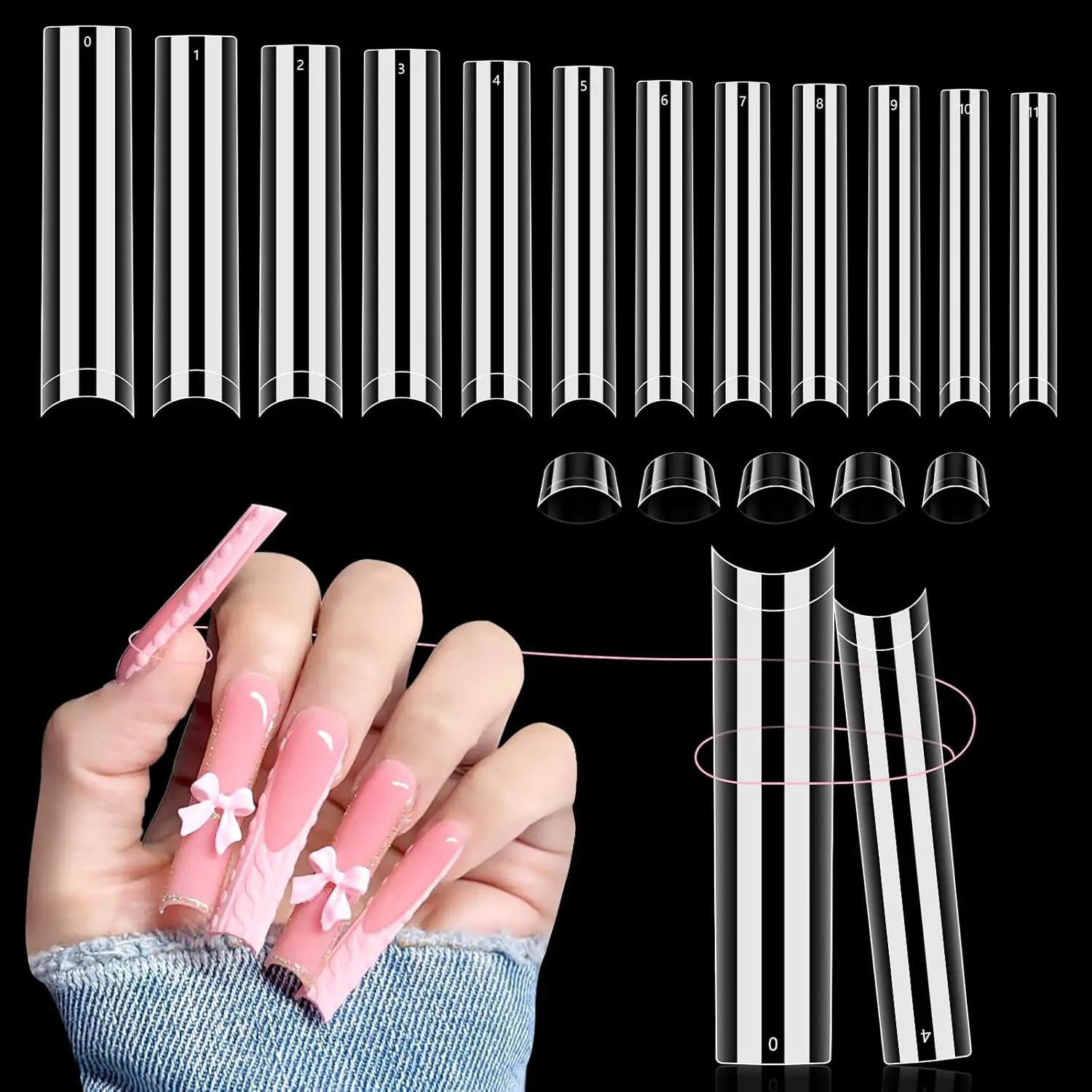 

504 Clear Acrylic Nail Tips, No C Curve, 12 Sizes Extra Long for Professional Salon & Home DIY