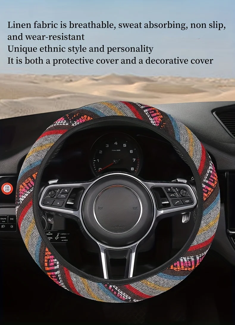 38 cm 15 Zoll personalisierter, elastischer Auto-Lenkradbezug ohne Innenkreis im Ethno-Stil mit einzigartigem Design – Detail 2