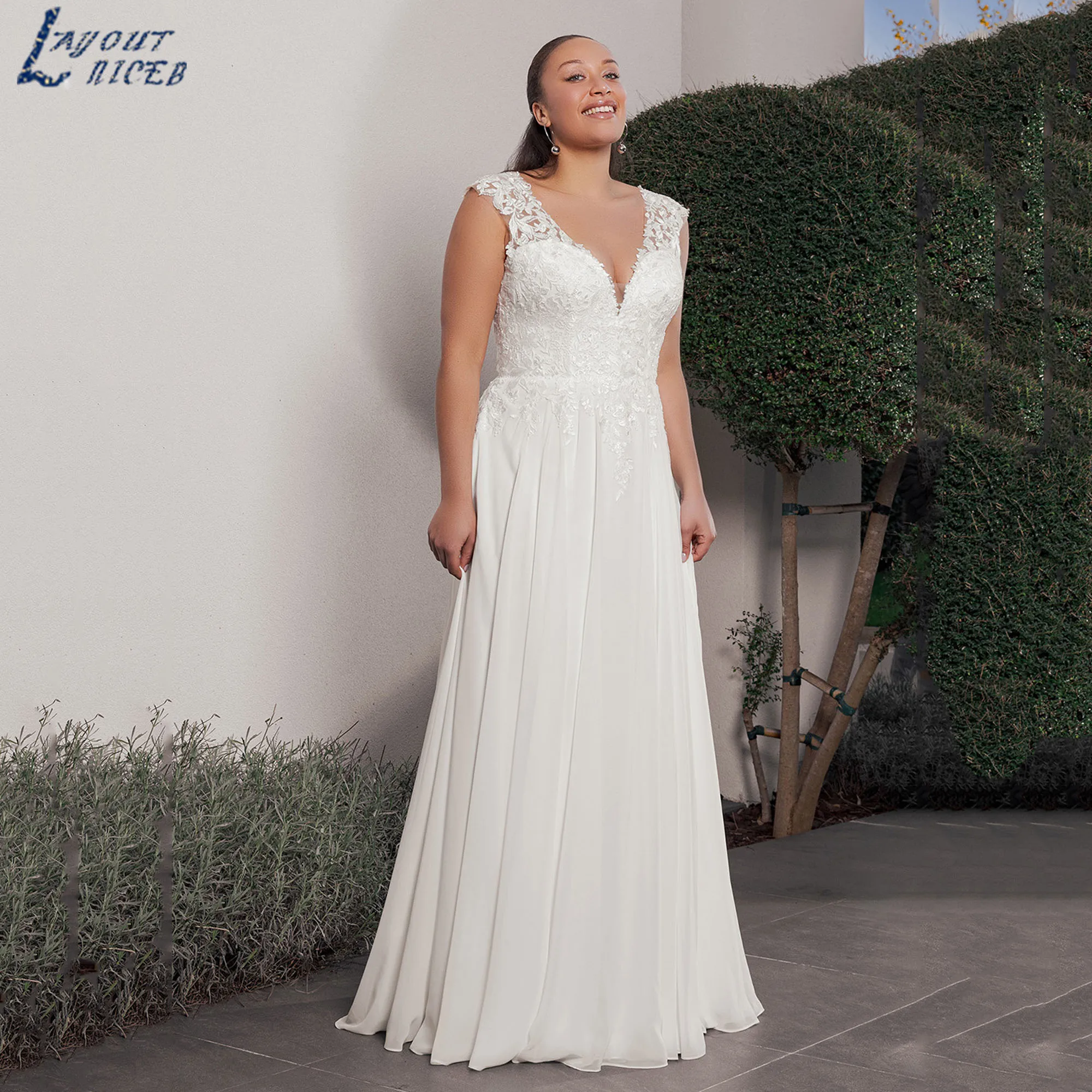 

Plus Size Wedding Brides Dresses Vintage A-Line Sleeveless Appliques Chiffon Gown Boho V-Neck Backless robe de mariée Customized