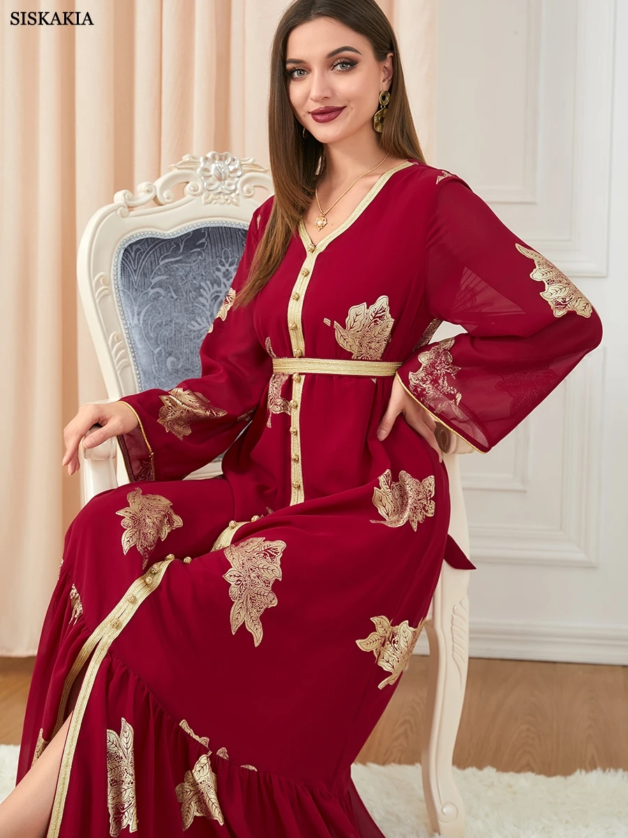 Vestido de fiesta con cinturón para mujer, caftán musulmán, Abaya de dubái, estampado, cinta con botones, dobladillo dividido, otoño, 2022