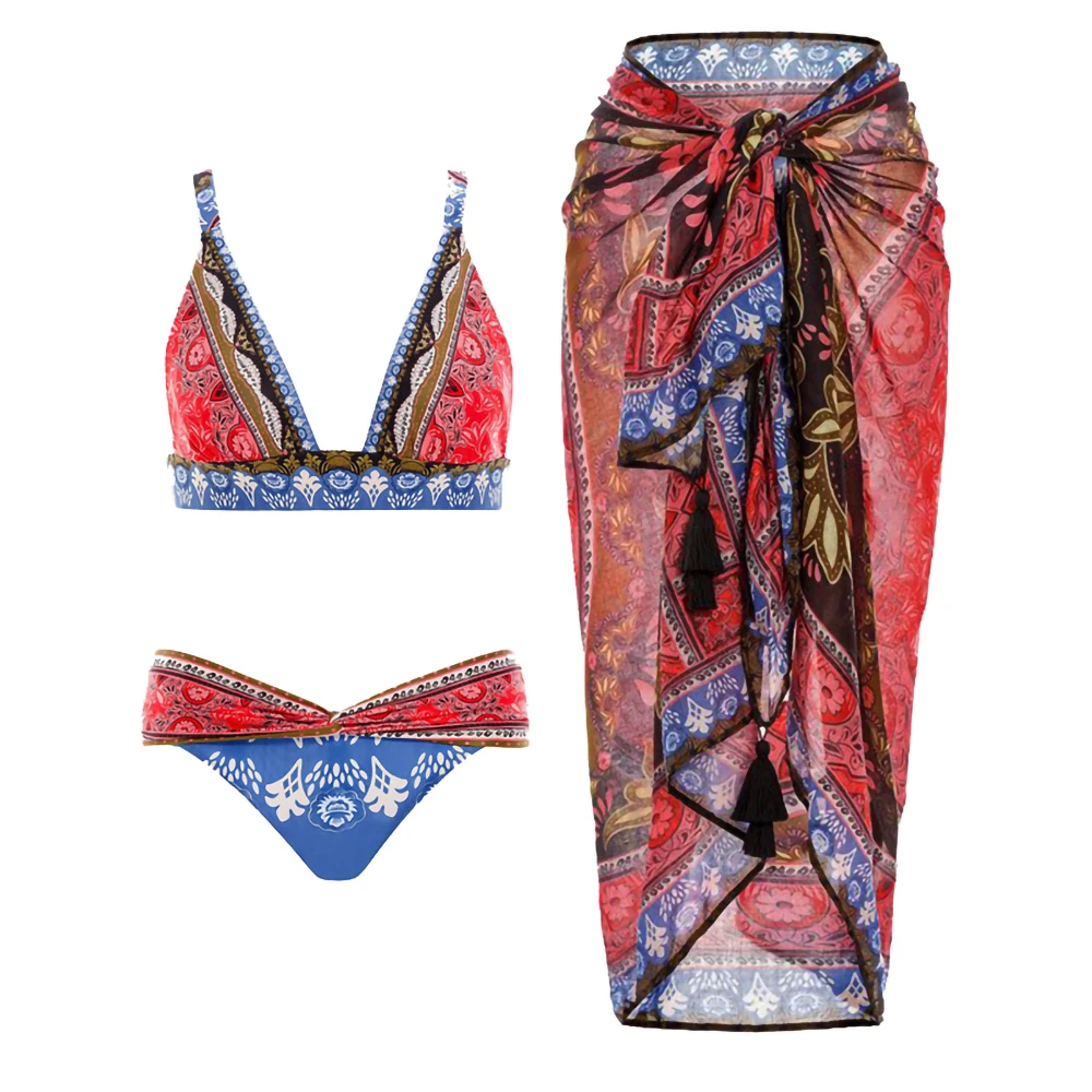 Vintage Totem Print Swimsuit Deep V-Neck Low Waist Micro Bikini 2024 Women Strap Halter Beachwear Push-Ups Swimwear & Cover