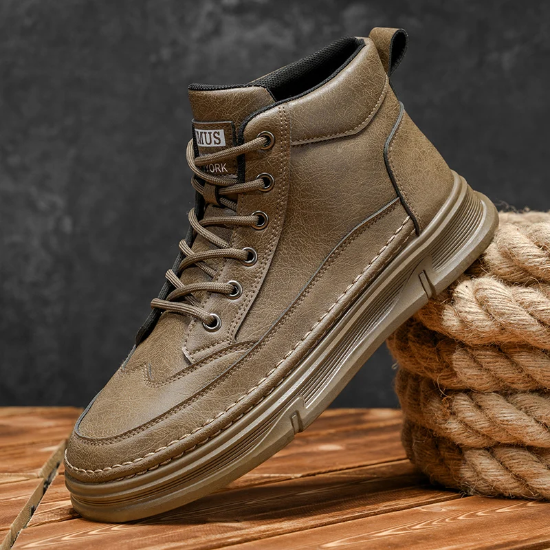 

Fashion Khaki Men's Winter Boots British Style Ankle Boots For Man Lace-up Leather Boots Men Outdoor Casual High Top Work Shoes