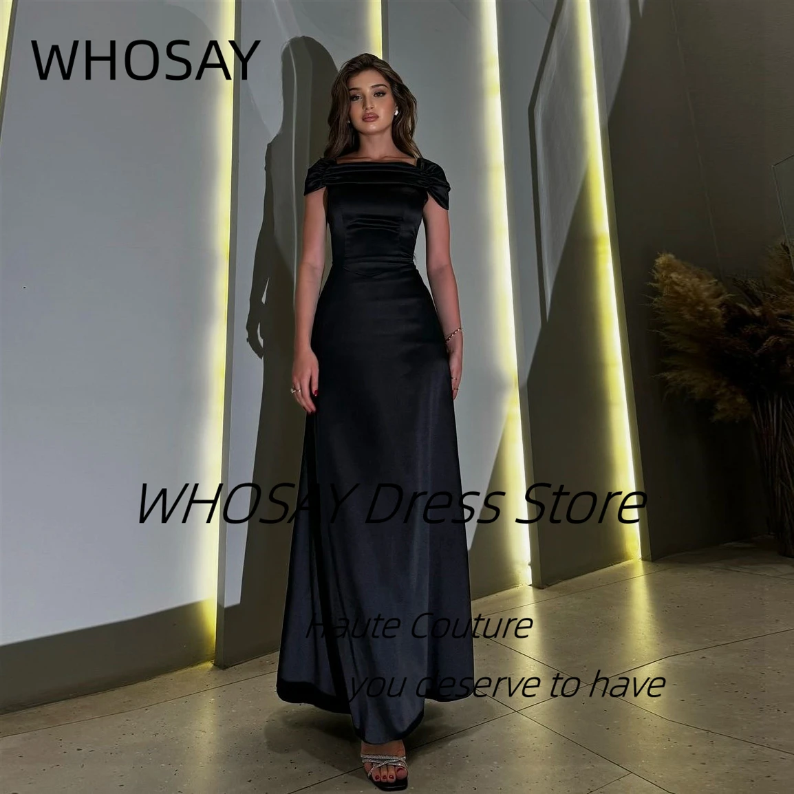 

WHOSAY Black Prom Dresses Ruched Portrait Neckline Evening Party Dress Lace Up Back Vestidos De Fiestas Elegantes Mujer