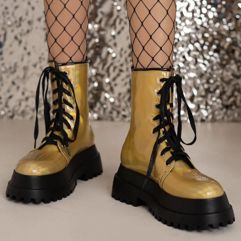 

Punk Ankle Boots Women Platform Round Toe Gothic Gold Short Combat Boot Lace-up Autumn Winter Black Blue Pink Party Shoes Lady