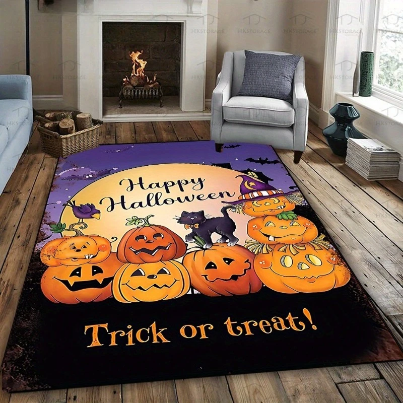 Cartoon Pumpkin Black Cat Halloween Rectangle Area Rug,Trick Or Treat Bat Moon Printed Floor Carpet,Spooky Living Room Decor