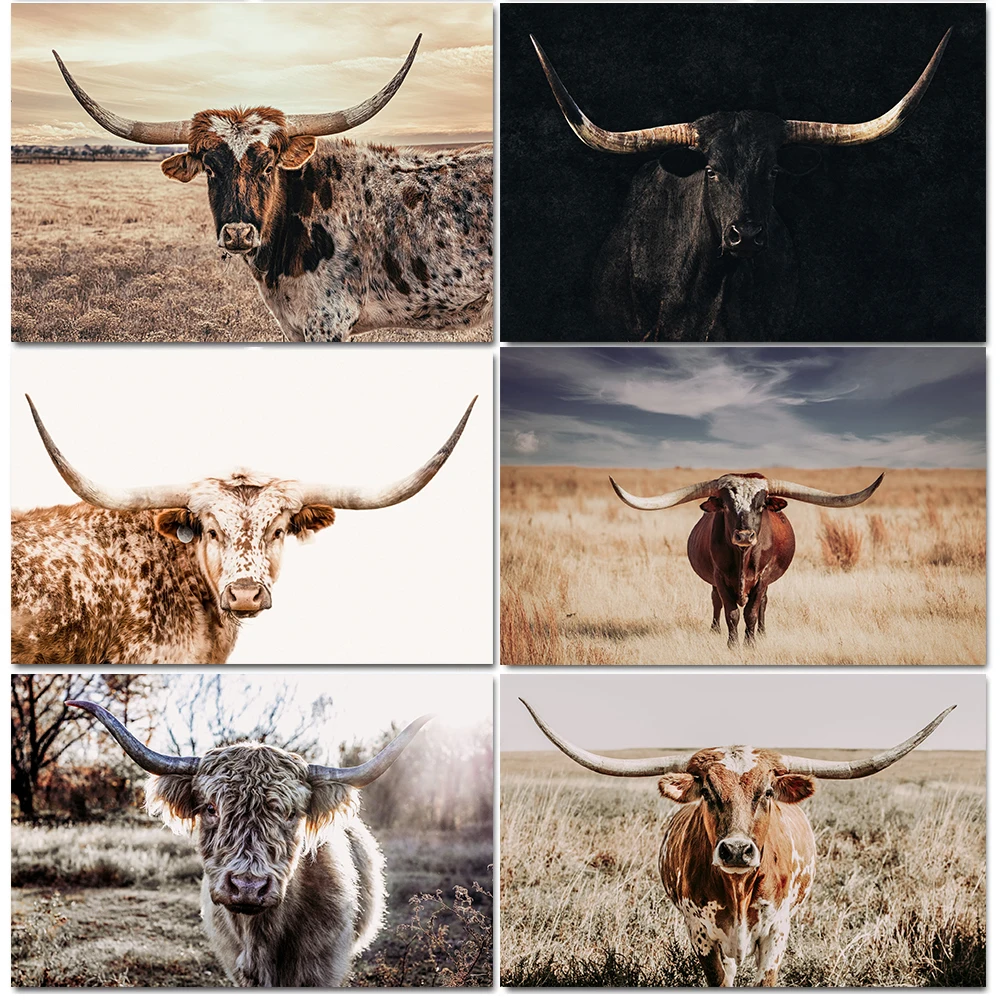 Western Texas Longhorn Cow Wild Animals Nature Landscape Retro Poster Canvas Painting Wall Art Pictures Home Farmhouse Decor