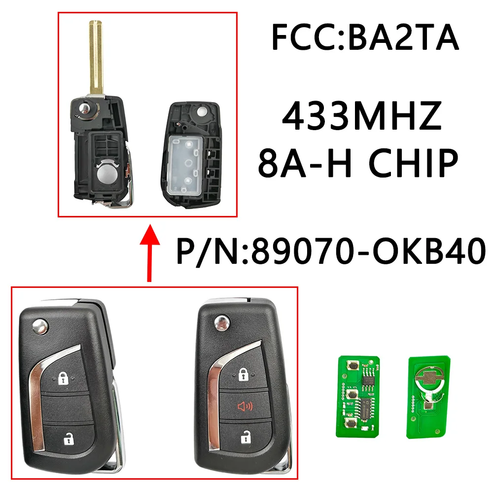 2/3 Button Remote Flip Key/Case for Toyota Hilux Yaris 2015 2016 2017 2018 2019 2020 New Style, 9070-0KB40 BA2TA