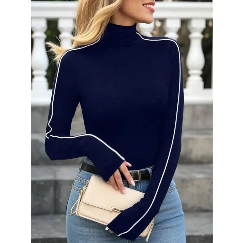 

Женская темно-синяя базовая рубашка с высоким воротом, длинными рукавами, белой окантовкой, приталенного силуэта, класса люкс, для повседневной носки и работы, новинка весны 2026