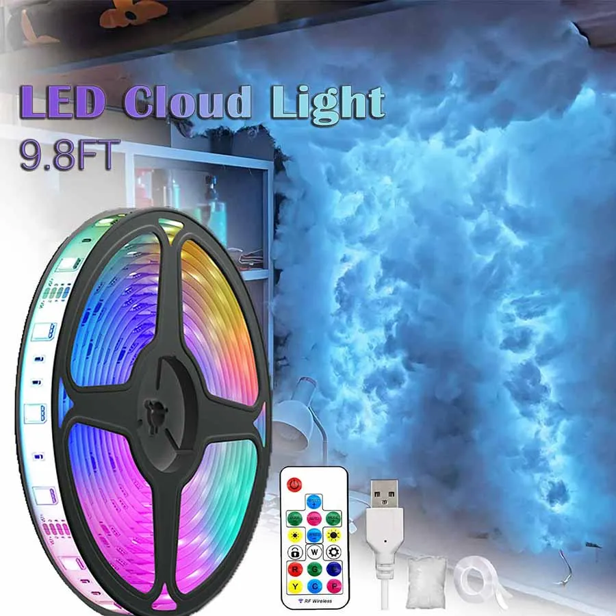 3D relâmpago nuvem tira de luz LED, controle remoto, regulável, colorido, atmosfera, decoração do quarto, luz noturna, usb plug, 9.8ft