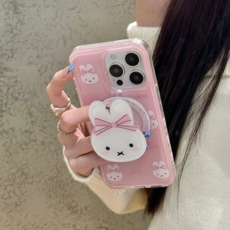 Urocze, różowe etui na telefon z motywem Miffy, z magnetycznym mocowaniem MagSafe i bezprzewodowym ładowaniem, z lusterkiem do makijażu, dla iPhone 16 15 14 13 17 Pro Max. — zdjęcie produktu 6