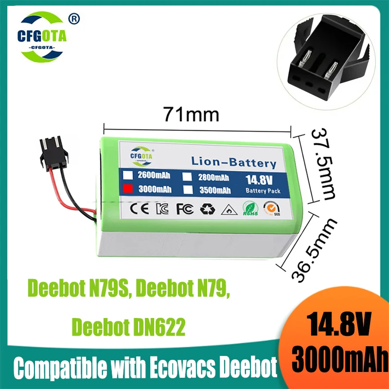 14.4V 3000mAh Li-ion Battery for Conga Excellence 950 990 1090 1790 1990 Deebot N79S N79 DN622 Eufy Robovac 11S 12 X500