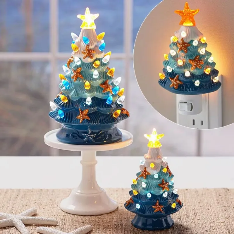 Árbol de Navidad de cerámica, lámpara Led para árbol de Navidad, luz nocturna para mesita de noche, estrella de mar de cerámica, decoración de luz nocturna para árbol de Navidad