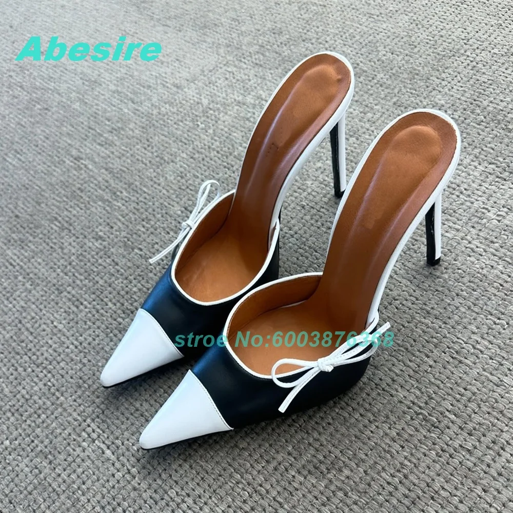 

Butterfly Knot Mixed Colors Patchwork Leather Slippers Pointed Toe Thin Heels Shallow Slip On Shoes for Women Sexy Party Shoes