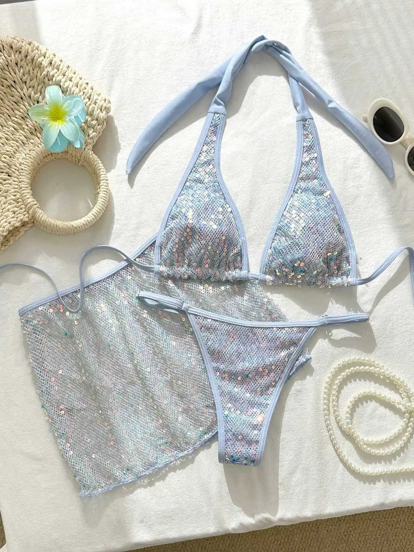 

sexy glitter sequin halter tie bikinis sets 3pcs with mesh mini skirt swimsuits bathing suit beach outfits biquini tankini