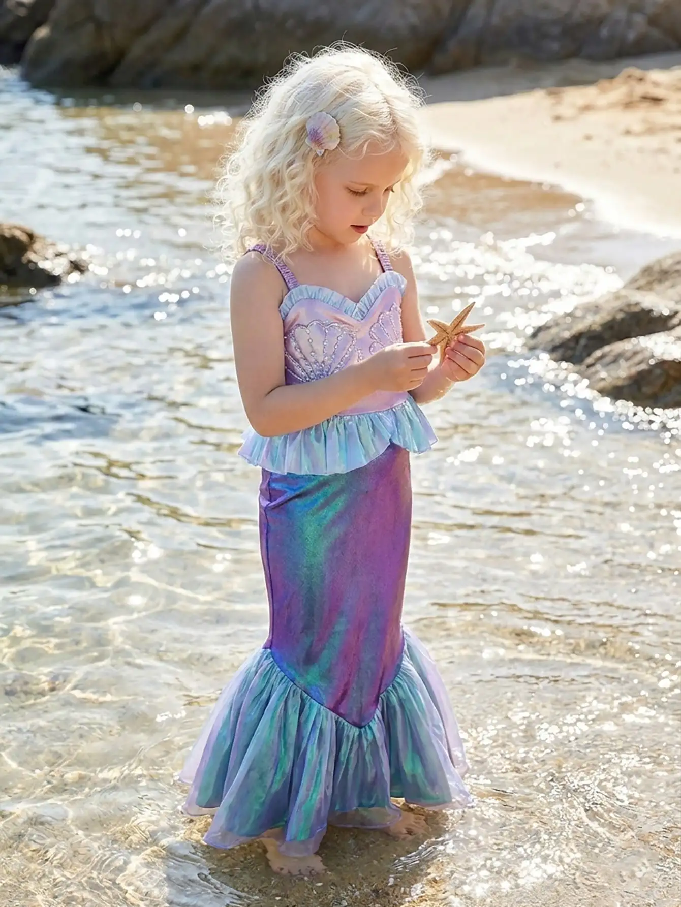 

Summer New Girls Mermaid Flying Sleeves Sequin Cosplay Dress Children's Day Halloween School Party Dress for 3 4 5 6 7 8 Years