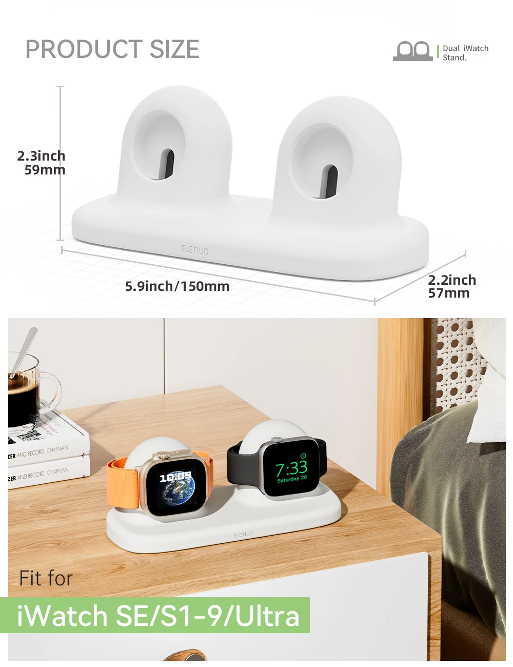 Двойная подставка для зарядного устройства, совместимая с Apple Watch Series 49/45/44/42/41/40/38 мм iWatch Ultra2/Ultra10/9/8/7/6/SE2/SE/5/4/3/2/1