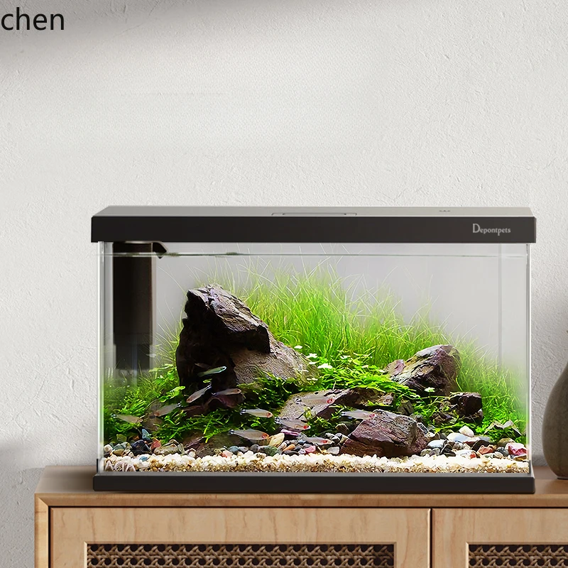 

HXL ecological small fish tank living room ultra-white glass small desktop aquarium lazy self-circulation free water change