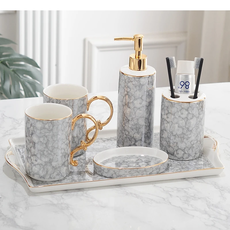

Gray Bubble Painted Bathroom Accessories Set Portable Soap Dispenser Toothbrush Holder Dish Quality Ceramic Bath Supplies