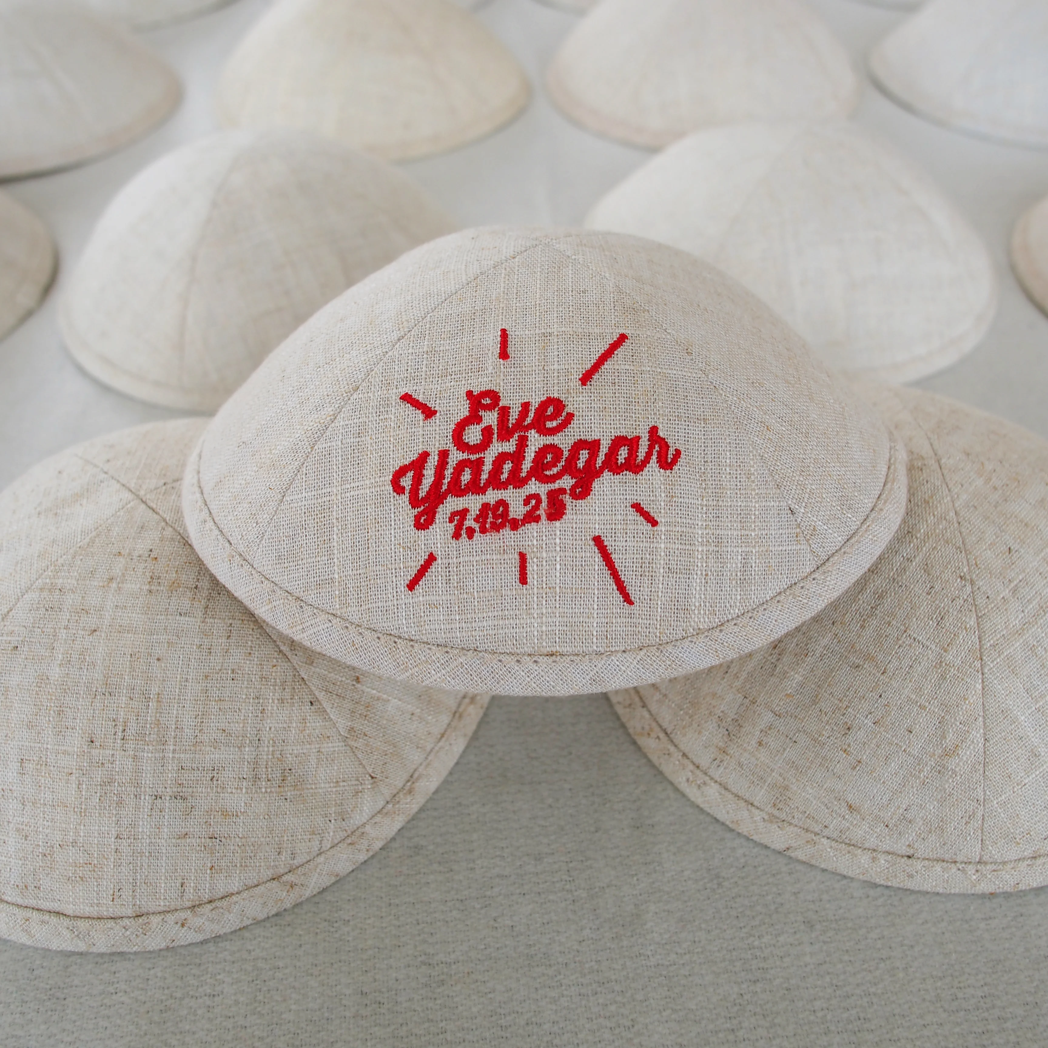 Custom red embroidered linen kippah, Jewish Ahava, can be customized for weddings and bar/bat mitzvahs, Jewish gift yarmulke
