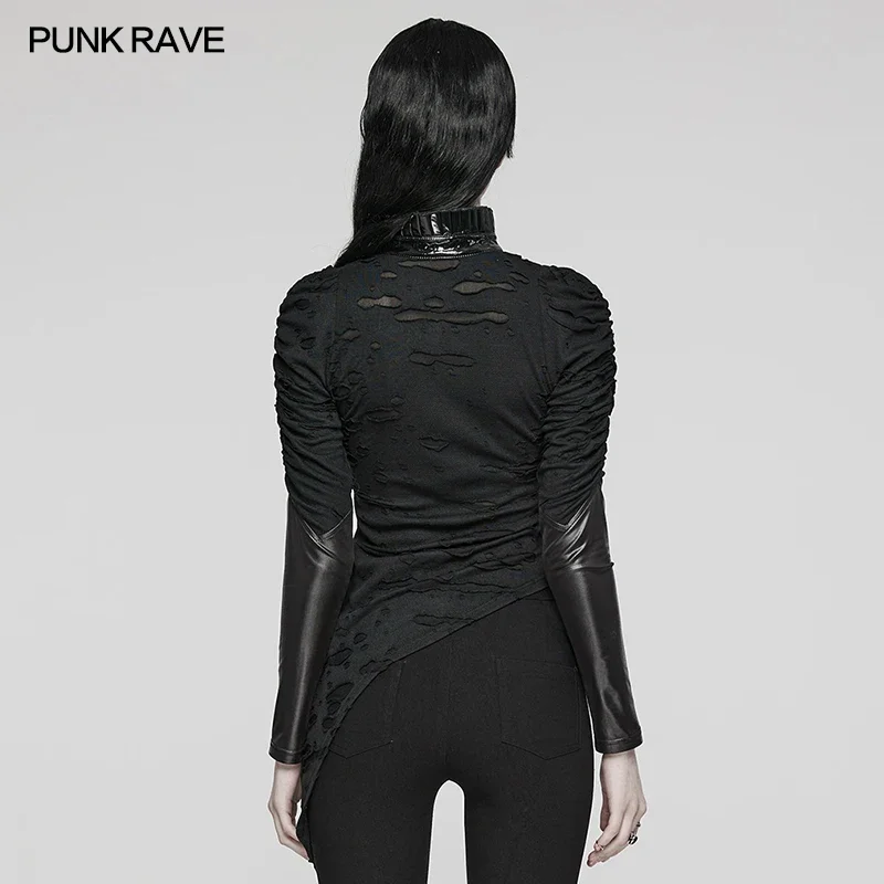 PUNK RAVE Women\'s Punk Decayed Knit Pleated Collar Design Irregular Slim Tee Sexy Black Gothic Daily Tops Women Clothes