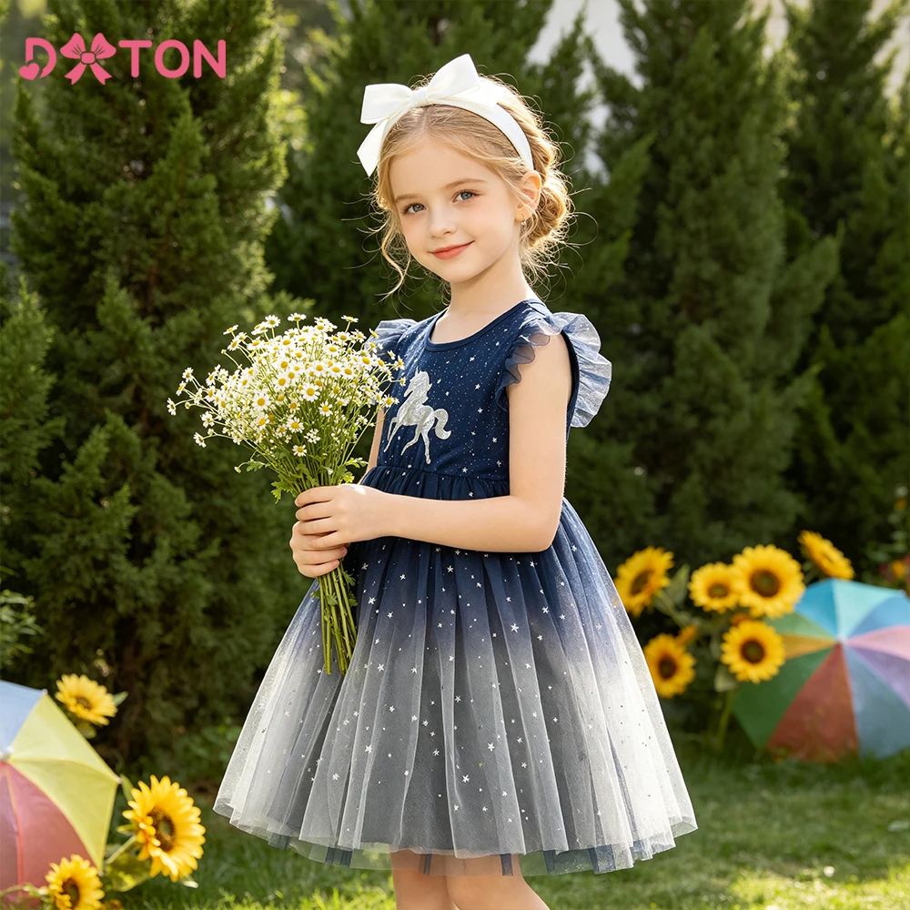 DXTON Prinzessinnen-Mesh-Kleider, Ballkleid, Mädchen-Geburtstagskleid, Hochzeitskleidung, Einhorn-Kleinkindkleid, ärmelloses Cartoon-Kleid für Mädchen