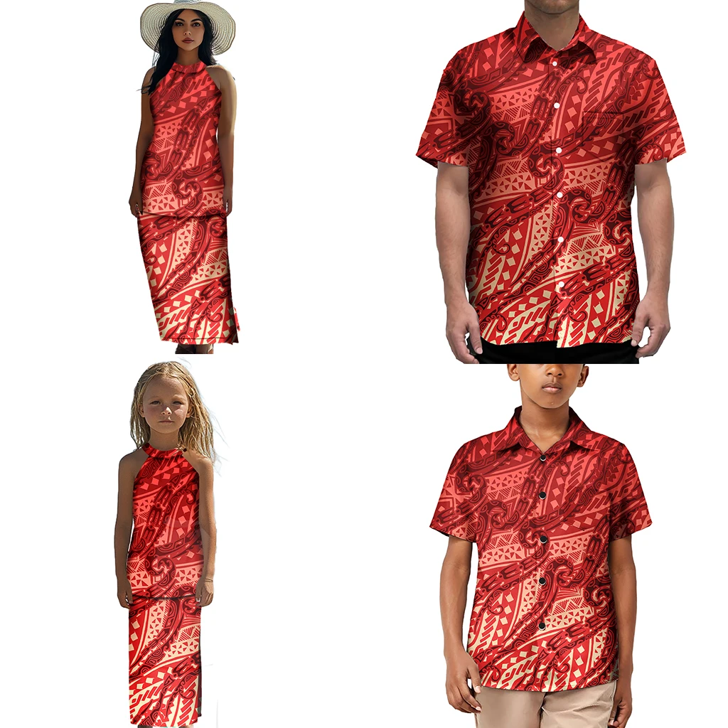Ropa polinesia para madre e hija, trajes para papá e hijo, camisa hawaiana de manga corta a juego para la familia, conjuntos de ropa para niños