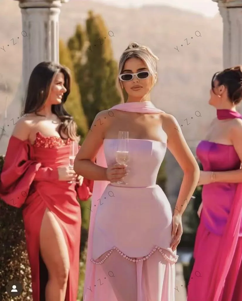 シックなデザインのピンクのマキシ丈ワンピース、ショールストラップレスのパーティードレス、ビーズ付きシアーシフォン、ボヘミアンホリデーパーティードレス、女性用オフショルダー