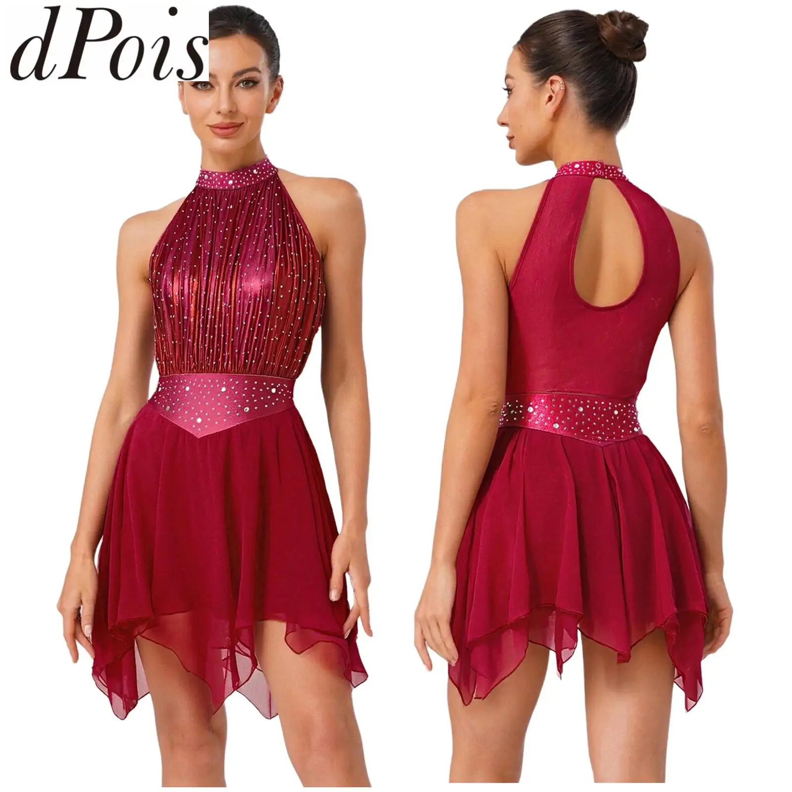 Lyrisches Tanzkleid für Damen, Rhythmische Gymnastik-Trikots, ärmellos, metallisches Netz, Eiskunstlauf, moderne Ballett-Tanzkleidung