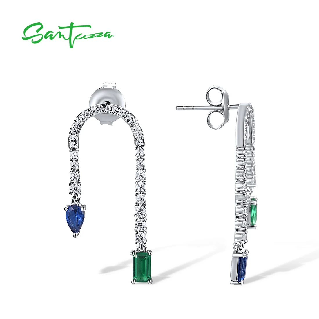 SANTUZZA Real  925 Sterling Silver Dangling Earrings For Women Sparkling Blue&Green Stone Chic Wedding Anniversary Fine Jewelry view 2
