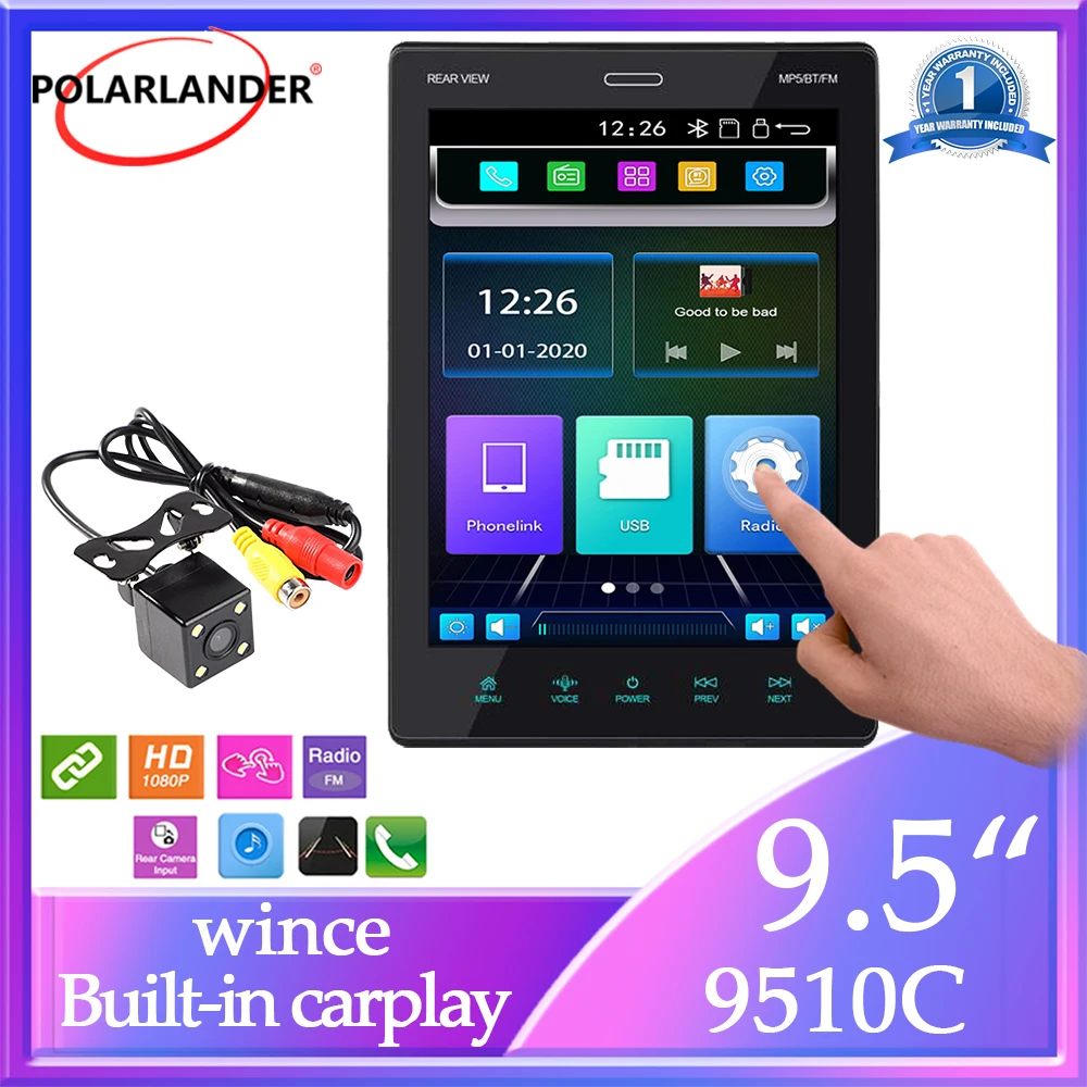 

1DIN ​Car Multimedia Player 9.5" Wince Bluetooth Mirror Link IPS Screen Apple Carplay, Android Auto Autoradio Angle Adjustment