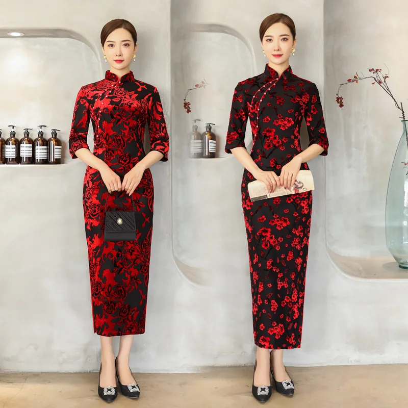 

Autumn and Winter Cheongsam Elegant Retro Long Slim Dress High Slit Ruffle Lace Costume