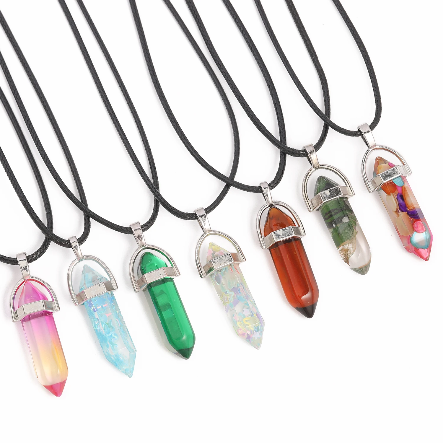 3pcs 42mm Mixed Natural Resin Crystal Cat Eye Vintage Hexagonal Column Pendant Necklaces Leather Chains Necklace Fashion Jewelry