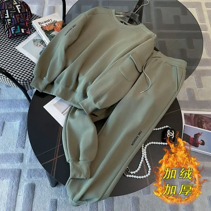 

Корейская версия, повседневный спортивный комплект, женский толстый осенне-зимний новый модный пуловер + брюки с эластичной резинкой на талии, комплект из двух предметов