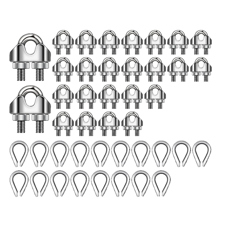 

50 PCS Wire Rope Kit M3 Metal Wire Rope Cable Clamp And M3 Stainless Steel Thimbles Silver Stainless Steel For Wire Rope Rigging